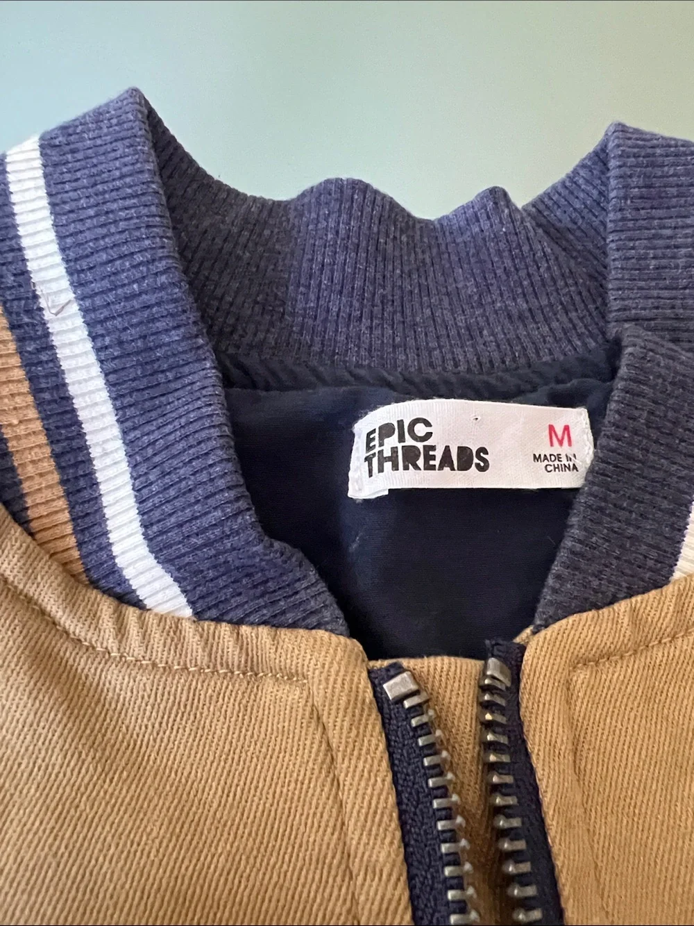 Epic Threads Tan and Navy Two-Tone Bomber Jacket